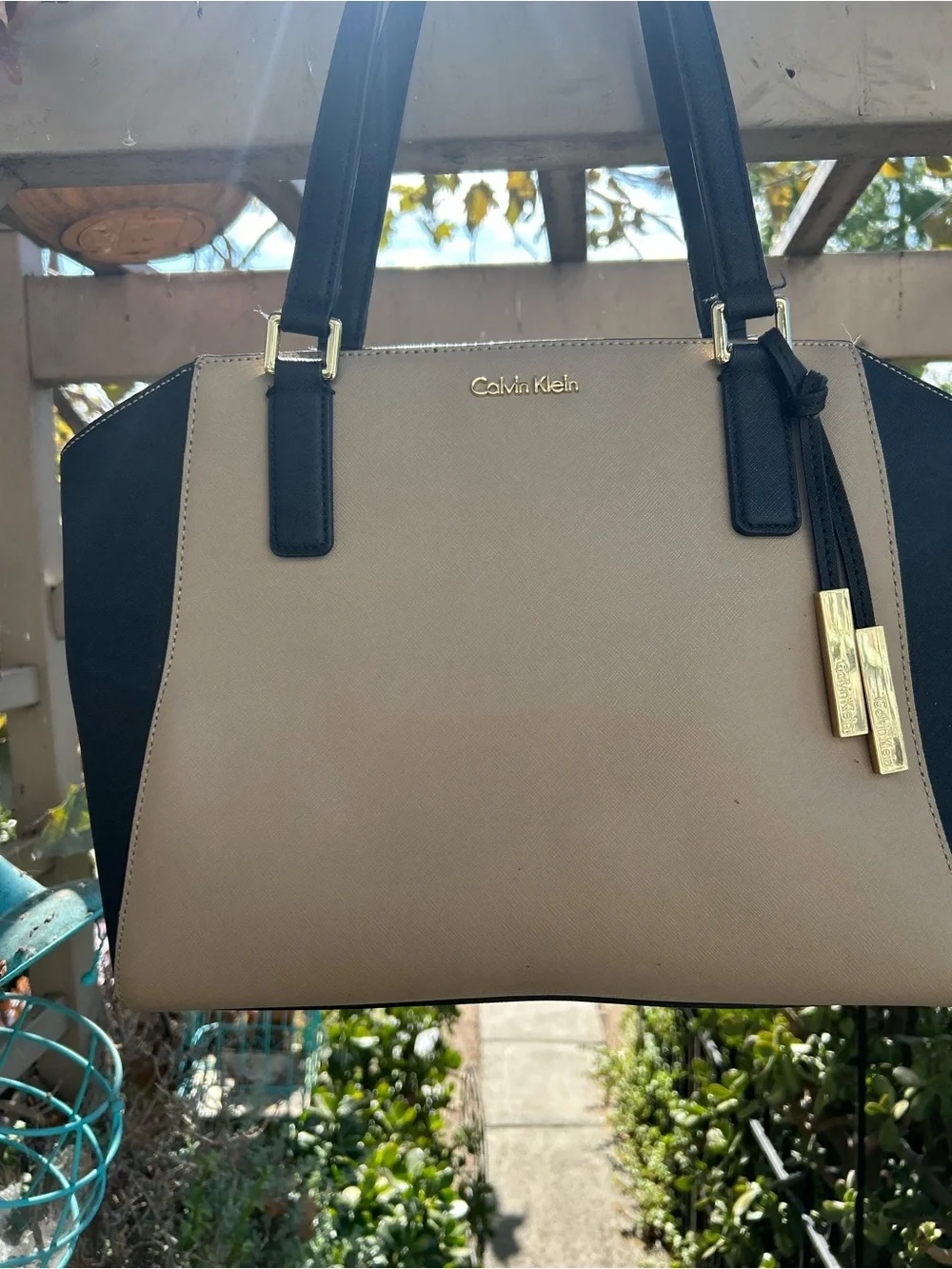 Calvin Klein Taupe and Black Satchel with Gold Hardware
